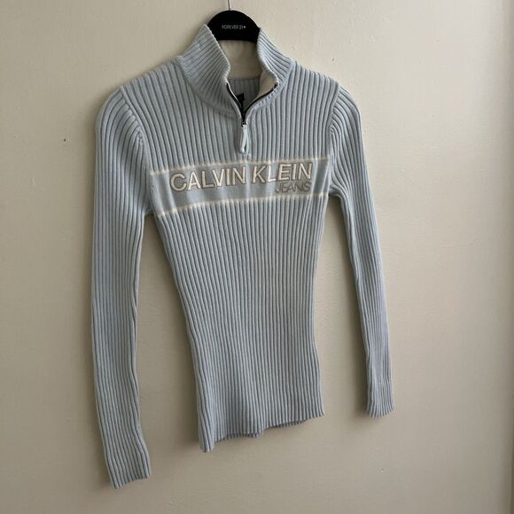 Y2K Calvin Klein 2000s Ribbed Quarter Zip Knit Logo Knit Sweater, Baby Blue- M - Picture 3 of 10